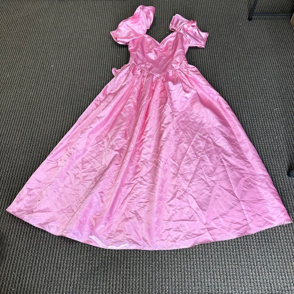 ILGWU Gown Womens Size 11/12 Pink Satin Puff Sleeve Maxi Dress Vintage USA Made